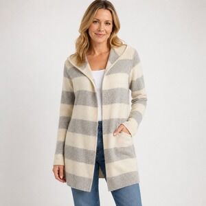 Christopher‎ Fischer 100% Cashmere Hooded Cardigan Stripe Cream Gray M